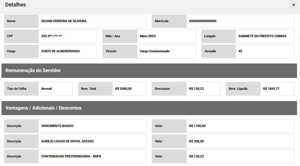 Contracheque do Chefe de Almoxarifado Municipal (Fonte: Portal da Transparência do Município)