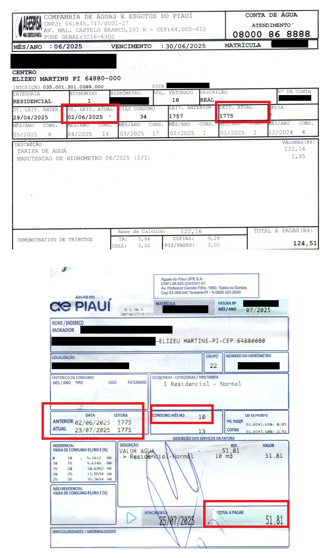 As faturas das duas empresas, que mostram que a leitura de 2/06 é a mesma de 23/07