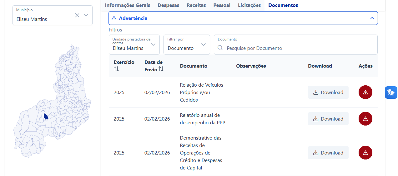 Portal da Cidadania do TCE exibe os documentos enviados. A aparência é de normalidade, que se desfaz ao primeiro clique.